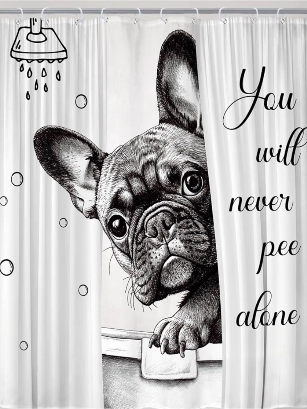 French Bulldog Shower Curtain &  Rings. Black/white. Frenchie wall/shelf block.